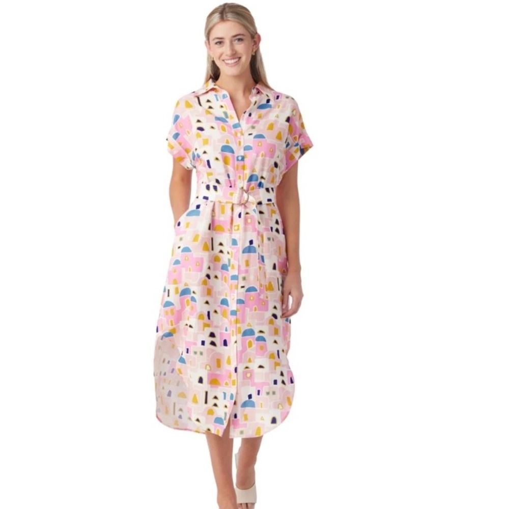 Crosby Pink and Blue Buttoned Tie Front Midi Dress